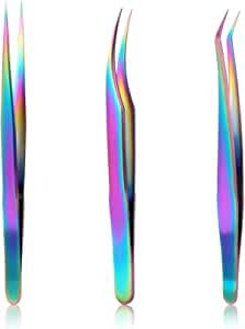 Taicols Lash Tweezers Set, 3Pcs Stainless Steel Eyelash Extension Tweezers, Color Titanium