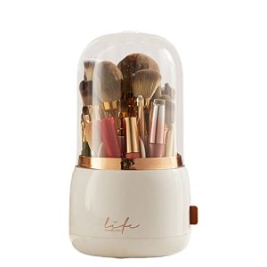 Makeup Brush Holder Organizer, Clear Rotating Dustproof Cosmetic Brushes Holder, Spinning Storage Cup (White)