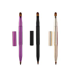 Retractable Lip Brush Set, Dual End Lip Concealer Brushes Lipstick Eyeshadow Foundation Makeup Tool (Gold, Black, Purple）