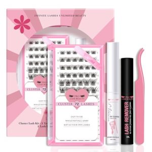 DIY Lash Extension Kit Cluster Lashes Kit 72 Pcs Lash Clusters Lash Bond Remover Eyelash Applicator Beginner DIY Lashes Kit (Volume Style)