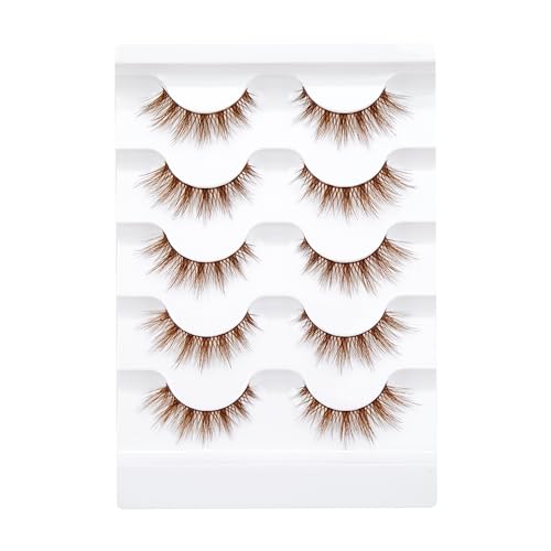 Brown False Eyelashes 3D Clear Band Cat Eye Wispy Lashes Natural Look Short Soft Reusable (5 Pairs-B200) - Image 10