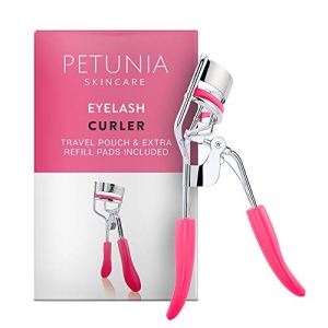 Petunia Skincare Eyelash Curler With Refill Pad - Durable Scissor-less Handles, Strong Metal Structure, Ergonomic Design, Quality Non-slip Silicone Rubber Thumbprint Handles