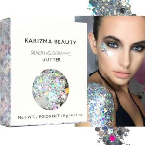 Silver Holographic Chunky Glitter, KARIZMA BEAUTY, Festival Face Body Hair Nails, 0.36 Ounce
