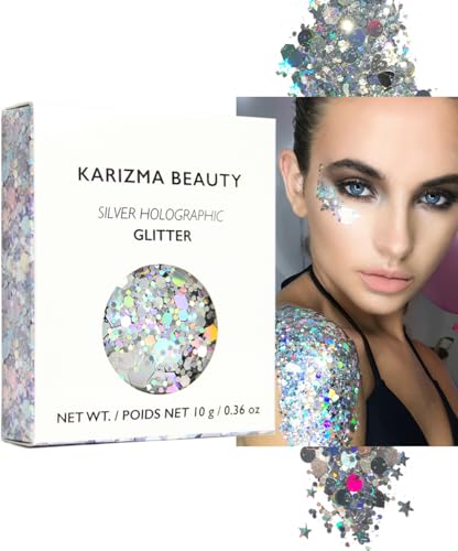Silver Holographic Chunky Glitter, KARIZMA BEAUTY, Festival Face Body Hair Nails, 0.36 Ounce
