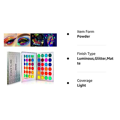 Neon Eyeshadow Glow in the Dark, DE'LANCI Aurora Palette UV Blacklight Matte and Glitter Fluorescent - Image 5