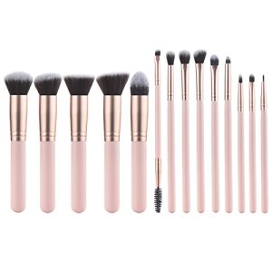 YJ-Anyue 14pcs Pink Wooden Makeup Brushes Set Premium Synthetic Foundation Blending Eye Shadow Concealer Tool