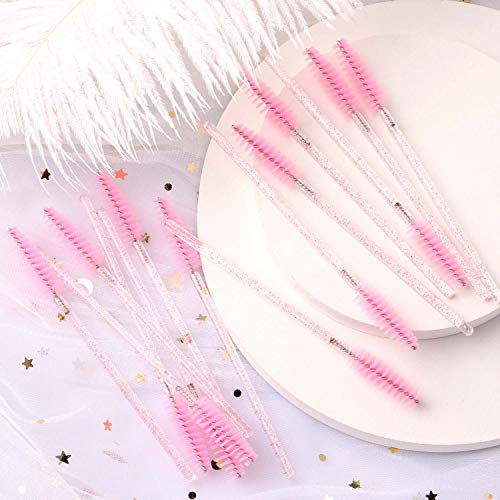 Tbestmax 200 Disposable Eyelash Brush Mascara Wands Spoolies Pink Crystal Shining Stick - Image 4