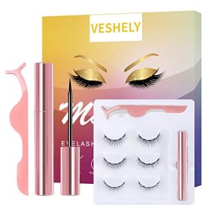 VESHELY Natural Magnetic Eyelashes with Eyeliner, 3 Pairs, 3D Short Magnetic Eyelash Set