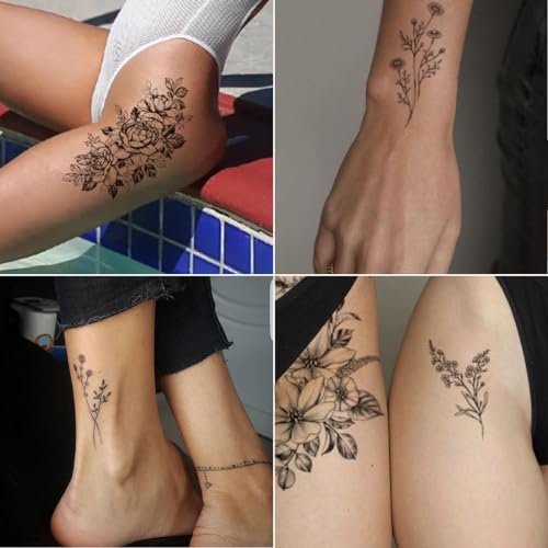 CHARLENT 23 Sheets Black Flower Temporary Tattoos For Women Girls - Waterproof Realistic Sexy Rose Orchid Tiny Branch Sketch - Image 3