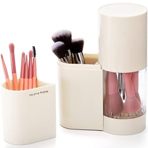 Hiceeden 3in1 Makeup Brush Holder with Lid, 7 Holes, Cleaner, Air Drying Rack, Waterproof, Beige