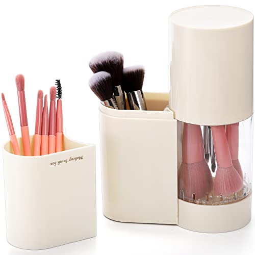 Hiceeden 3in1 Makeup Brush Holder with Lid, 7 Holes, Cleaner, Air Drying Rack, Waterproof, Beige