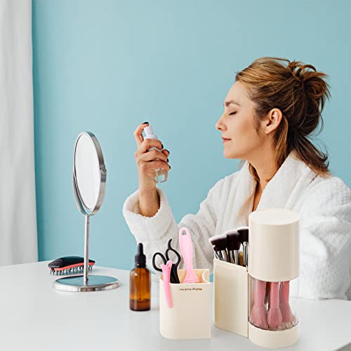 Hiceeden 3in1 Makeup Brush Holder with Lid, 7 Holes, Cleaner, Air Drying Rack, Waterproof, Beige - Image 4