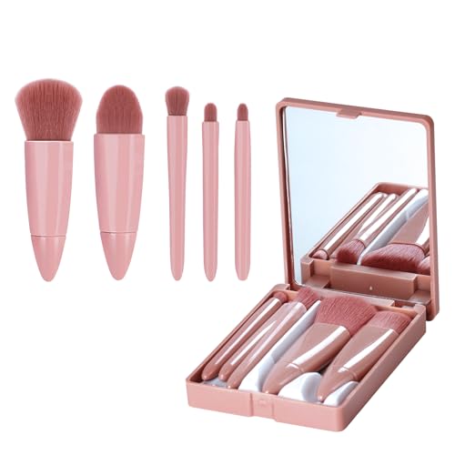 MJ JOMAY Mini Makeup Brush Set, Portable, Professional, with Mirror, Ladies Face Eyebrow Blush and Lip Gloss (Pink)