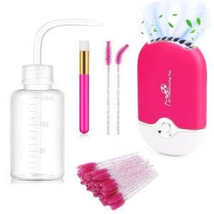 Eyelash Cleaning Kit with Mini Portable Lash Fan and 50 Shampoo Brushes
