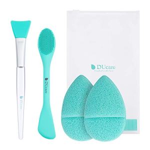 DUcare 4PCS Silicon Face Mask Brush Facial Cleansing Sponges Pad Puff Kit Green