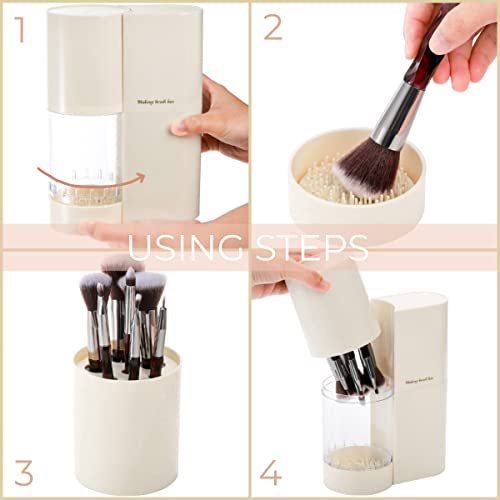 Hiceeden 3in1 Makeup Brush Holder with Lid, 7 Holes, Cleaner, Air Drying Rack, Waterproof, Beige - Image 2