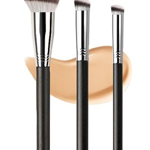 3 Pcs Concealer Brushes and Foundation Brush, Professional Nose Contour Brushes, Frosted Wooden Handle