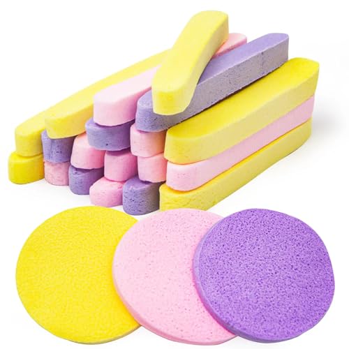 Facial Sponges Compressed for Face Wash, Reusable Makeup Remover Pads, PVA Seaweed Sponge, 60 PCS (Yellow & Pink & Purple)