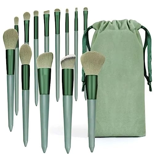 Green Kabuki Brush Set - 13 Premium Synthetic Makeup Brushes for Eyes, Face & Blush with Travel Bag Compatible