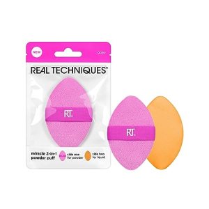 Real Techniques Miracle 2-In-1 Powder Puff, Dual-Sided Makeup Blending Puff, Reversible Elastic Band, Precision Makeup Sponge & Powder Puff