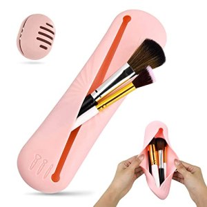 Travel Makeup Brush Case, Silicone Makeup Brush Holder, Portable Makeup Brush Case for Women Girls Travel Essentials (Pink)