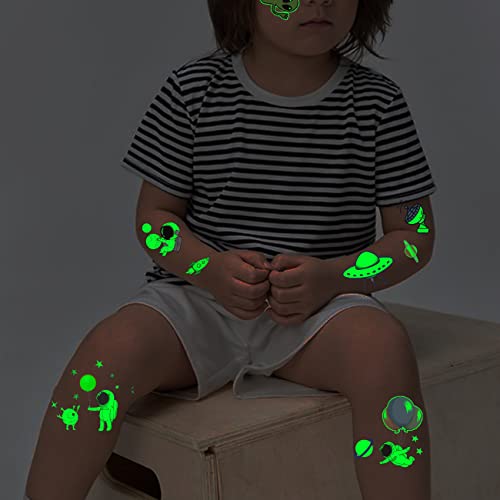 CHARLENT Luminous Space Tattoos for Kids - 14 Sheets Glow in The Dark Astronaut Spaceship Planet Temporary Tattoos for Boys Girls Birthday Party Favors - Image 3