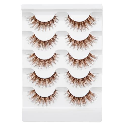 Brown False Eyelashes 3D Clear Band Cat Eye Wispy Lashes Natural Look Short Soft Reusable (5 Pairs-B200) - Image 7