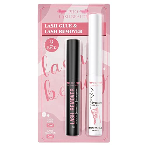 Lash Bond and Remover Kit Cluster Lash Glue Eyelash DIY Extension Strong Hold 48 Hours Oil Remover (Clear Bond+Remover)