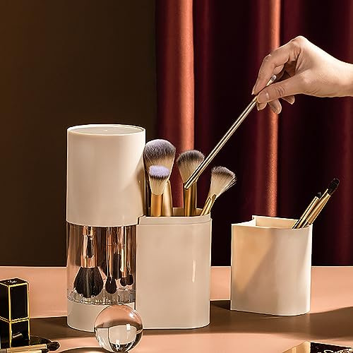 Hiceeden 3in1 Makeup Brush Holder with Lid, 7 Holes, Cleaner, Air Drying Rack, Waterproof, Beige - Image 3