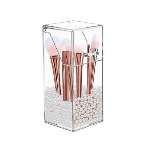 Makeup Brush Holder Organizer, Dustproof Cosmetics Brush Storage with White Pearls