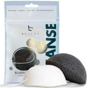 Konjac Sponge for Gentle Cleansing & Exfoliating - 2 Pack Natural Facial Sponges, Vegan & Biodegradable, PH Balancing, White Natural, Black Charcoal