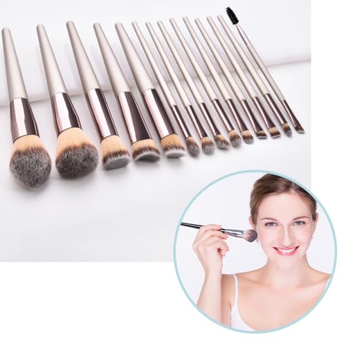 Professional 14-Piece Makeup Brush Set in Champagne Gold with Makeup Bag and Powder Puff - Image 2