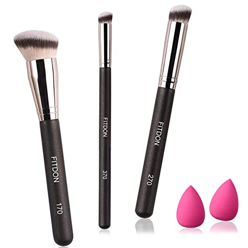 FITDON 3PCS Foundation Concealer Brushes & 2PCS Mini Makeup Sponge Blender, Flawless Blending