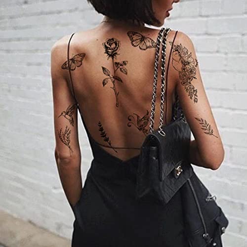 CHARLENT Realistic Black Flower Temporary Tattoos for Women - Rose Swallow Butterfly Peony Waterproof - Image 3