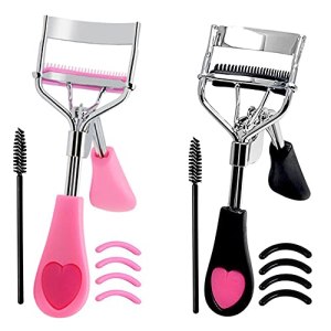 Eyelash Curler with Comb Attachment, Silicone Refill Pads, & Eyelash Brush - Black & Pink