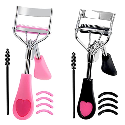 Eyelash Curler with Comb Attachment, Silicone Refill Pads, & Eyelash Brush - Black & Pink