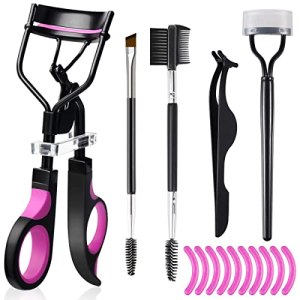Eyelash Curlers Eyebrow Brush Kit w/ Lash Curler, Eyelash Comb, Mascara Brushes, Extension Tweezers, Angled Brush & Comb, 10 Silicone Refills