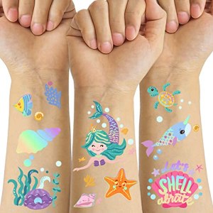 Sea Mermaid Temporary Tattoos for Kids Gift, 80+ Styles Bronzing Fake Tattoos
