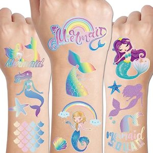 CHARLENT 100 Glitter Styles Mermaid Temporary Tattoos for Kids Party Supplies - 6 Sheets