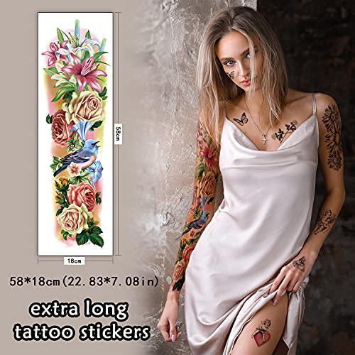 Metuu Waterproof Temporary Tattoo Flower Rose Peony Lily Elephant Dear Full Arm - Image 2