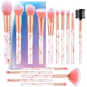 Mini Makeup Brushes XMOSNZ 15pcs Marble Makeup Brush Set Premium Bristles (Pink)