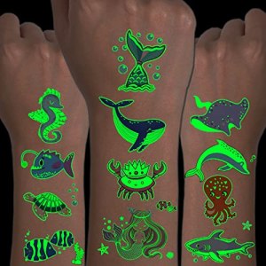 CHARLENT Luminous Ocean Animals Tattoos for Kids - 14 Sheets Glow in The Dark Under The Sea Creature Temporary Tattoos for Boys Girls