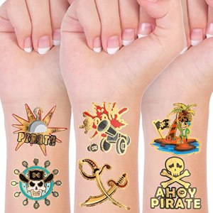 Konsait 96PCS Pirate Temporary Tattoos for Kids, Metallic Glitter Neverland Pirated Skull Cannon Powder Treasure Box Tattoo Sticker