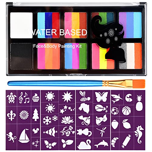Kioiner Face Painting Kit 10 Colors Palette Stencils Brush Halloween Birthday Fancy Artist Cosplay Art Party