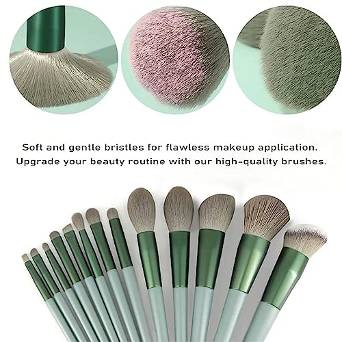 Green Kabuki Brush Set - 13 Premium Synthetic Makeup Brushes for Eyes, Face & Blush with Travel Bag Compatible - Image 2