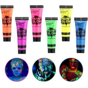 6 Colors Glow Neon Fluorescent in the Dark Face & Body Paints Set - Blacklight Party Supplies