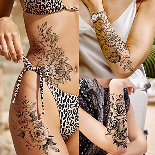 Realistic Black Rose Peony Flower Temporary Tattoos For Women, 63 Sheets - Image 2