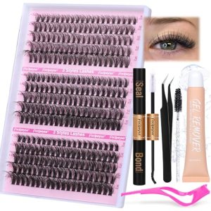 Focipeysa Lash Extension Kit 300Pcs Lash Clusters Eyelash Extension Kit D Curl 8-16mm Mixed Matte Black DIY Individual Lashes Kit