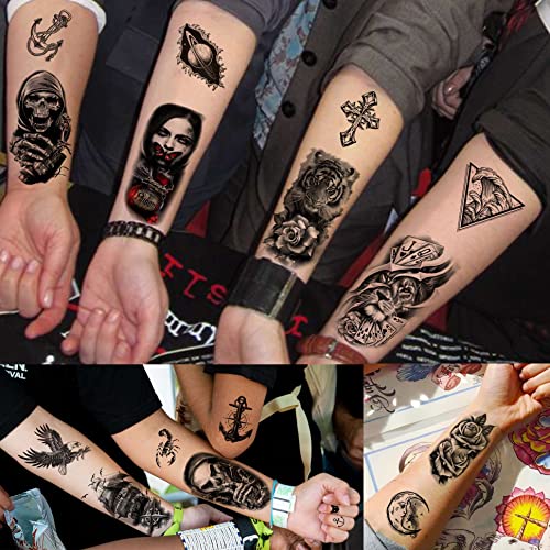 Yezunir 63 Sheets Black Wolf Tiger Lion Temporary Tattoos For Women Men Kids Arm Sleeve, Halloween Scary Skull Skeleton Fake Tattoo Stickers Adults - Image 4