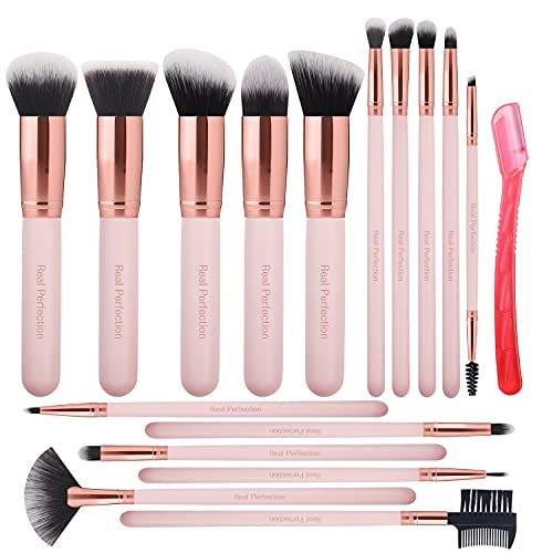 Real Perfection 16pcs Makeup Brushes Set with 1 Eyebrow Razor Premium Synthetic Foundation Blending Face Powder Eye Shadow Concealer